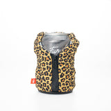 Puffin Drinkwear Leopard Puffy Vest insulated can cooler for standard 12 oz beverage cans.