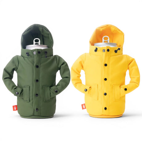 Puffin Drinkwear Raincoat insulated can cooler in Olive Green and Creamsicle for bottles and tall beverage cans.