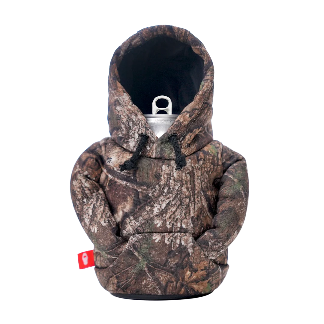 Puffin x Realtree camouflage hoodie insulated can cooler for 12 oz cans and 16 oz tall cans.