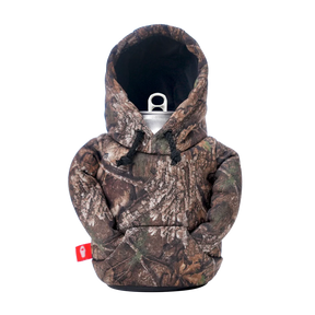 Puffin x Realtree camouflage hoodie insulated can cooler for 12 oz cans and 16 oz tall cans.