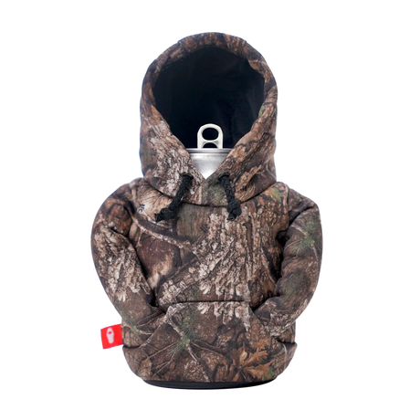 Puffin x Realtree camouflage hoodie insulated can cooler for 12 oz cans and 16 oz tall cans.