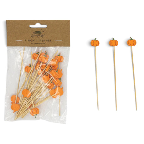 Set of 50 bamboo food picks with orange pumpkin-shaped handles for fall entertaining