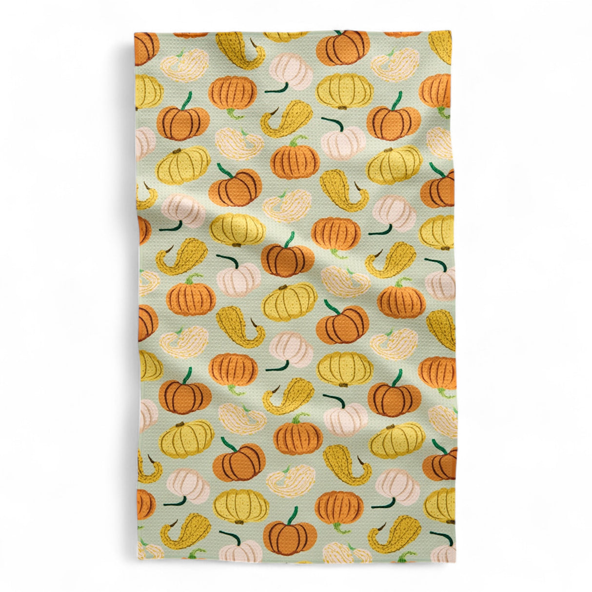 Patterned fabric with pumpkins and gourds tea towel