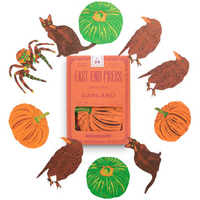 East End Press pumpkin Halloween paper garland with cats, ravens, spiders, and hand-printed pumpkins