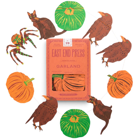 East End Press pumpkin Halloween paper garland with cats, ravens, spiders, and hand-printed pumpkins