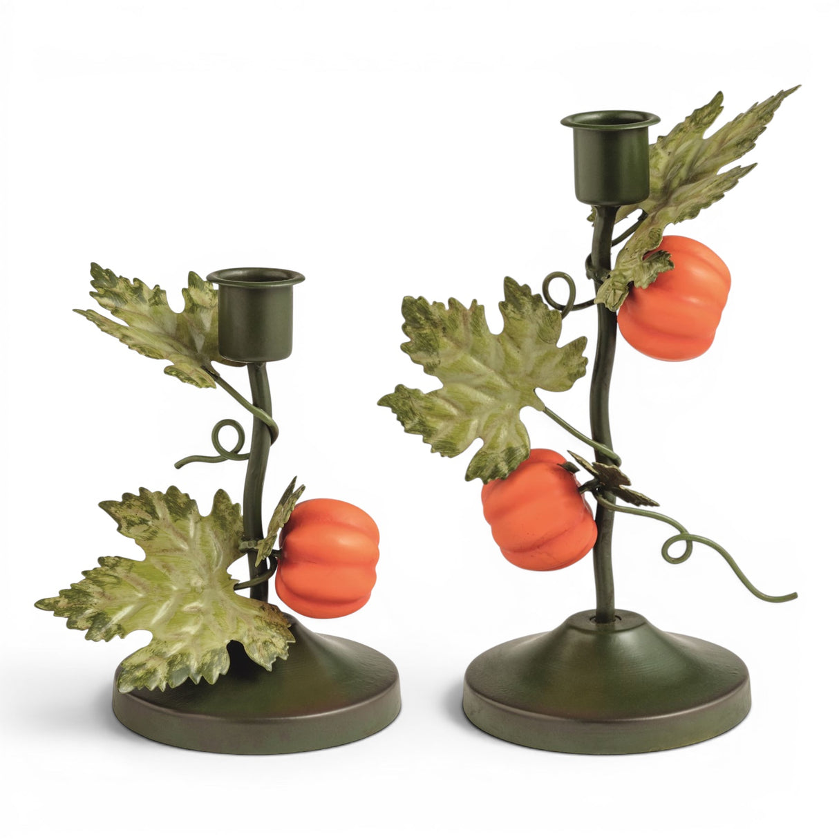 Hand-painted metal pumpkin vine taper candle holders in two heights for fall table décor