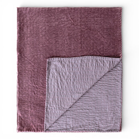 Purple cotton velvet throw blanket with kantha stitch, 60x50 decorative sofa or bed blanket