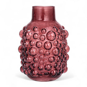 Purple glass vase with raised dot texture and glossy finish, measuring 6.75" round by 8.5" high.