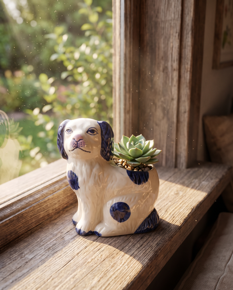 Blue Staffordshire Dog Ceramic Planter