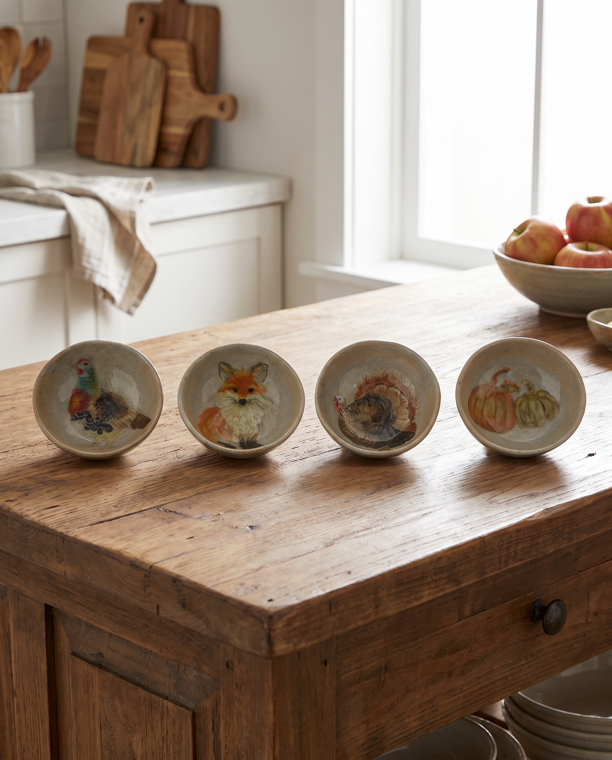 Hand-Painted Fall Animal and Pumpkin Ceramic Dish