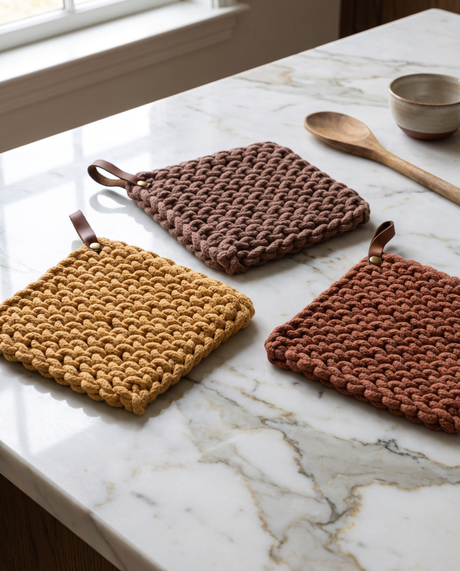 Crocheted Cotton Pot Holder with Leather Loop