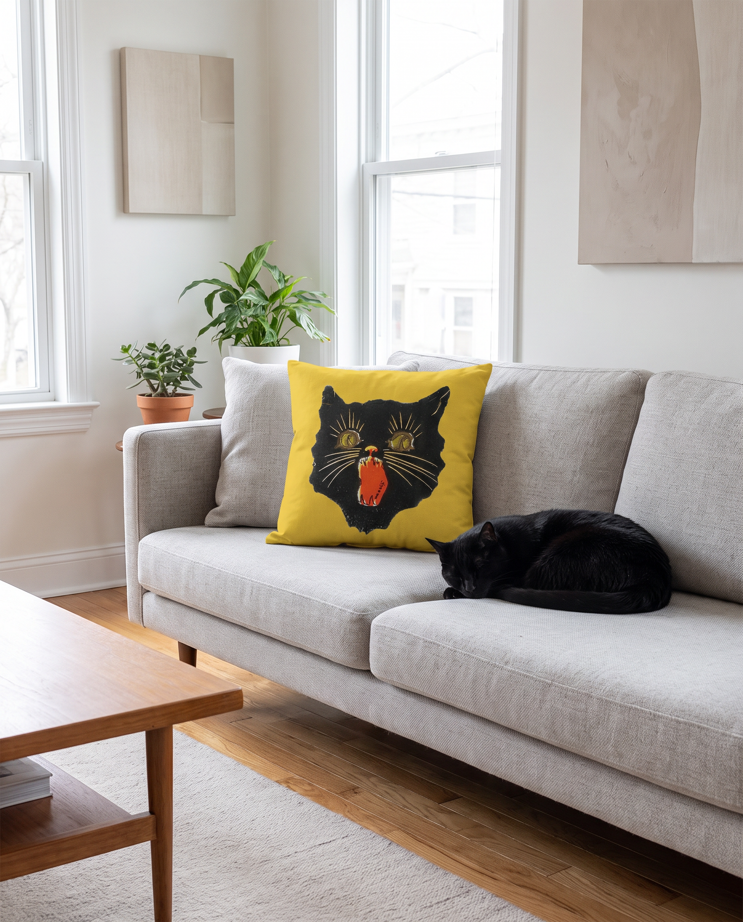 Retro Screaming Black Cat Halloween Throw Pillow