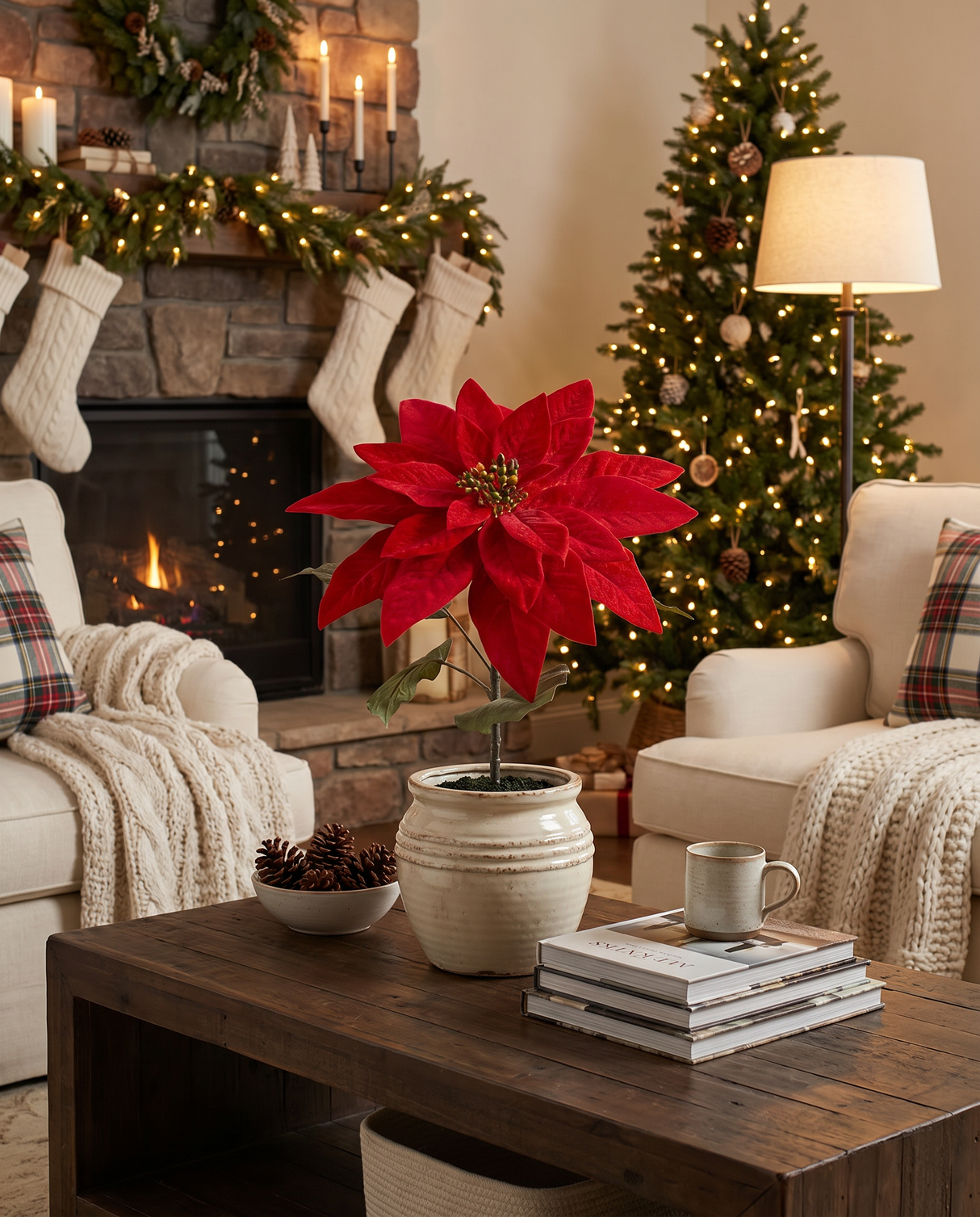 Red Artificial Poinsettia in Cement Pot