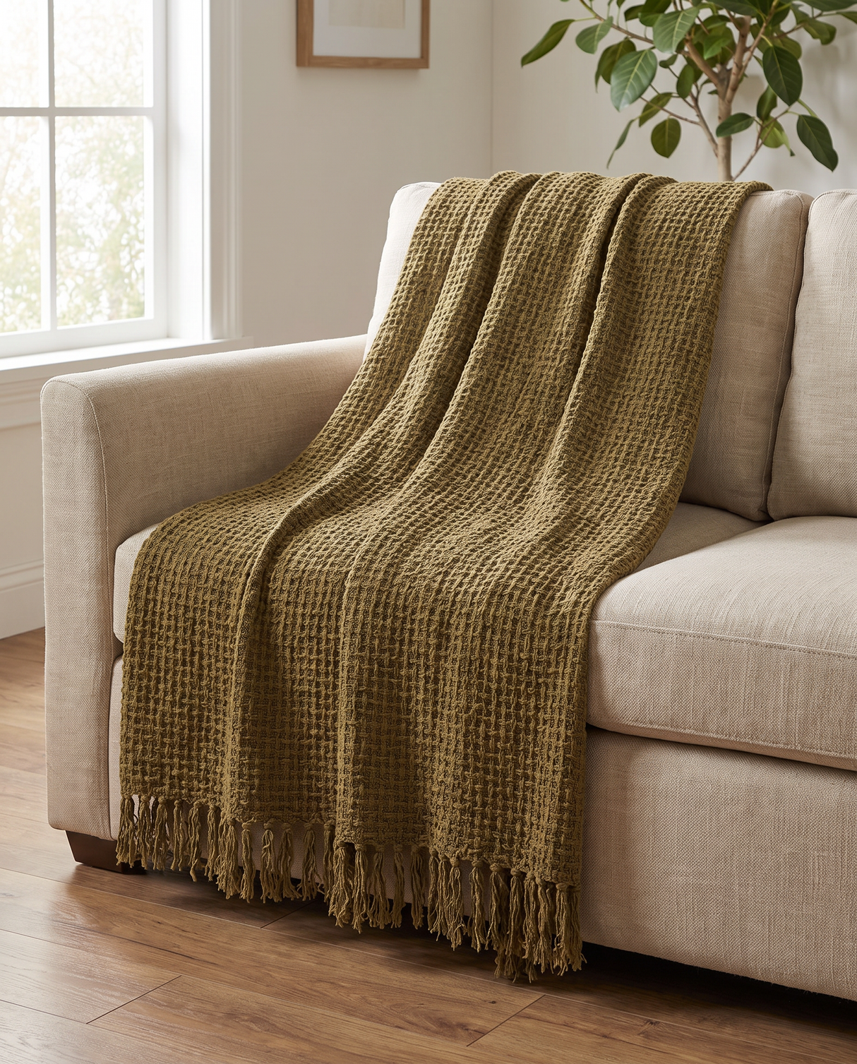 Olive Green Chenille Waffle Weave Throw Blanket