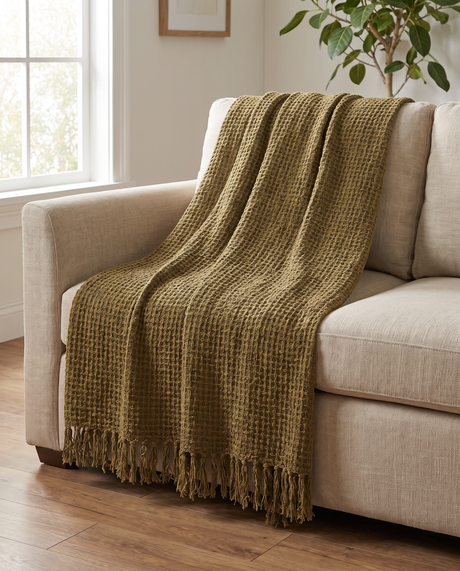 Olive Green Chenille Waffle Weave Throw Blanket