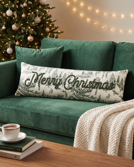 Green Toile Merry Christmas Lumbar Pillow