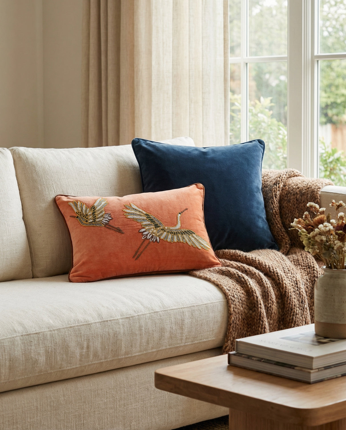 Velvet Beaded Crane Lumbar Pillow