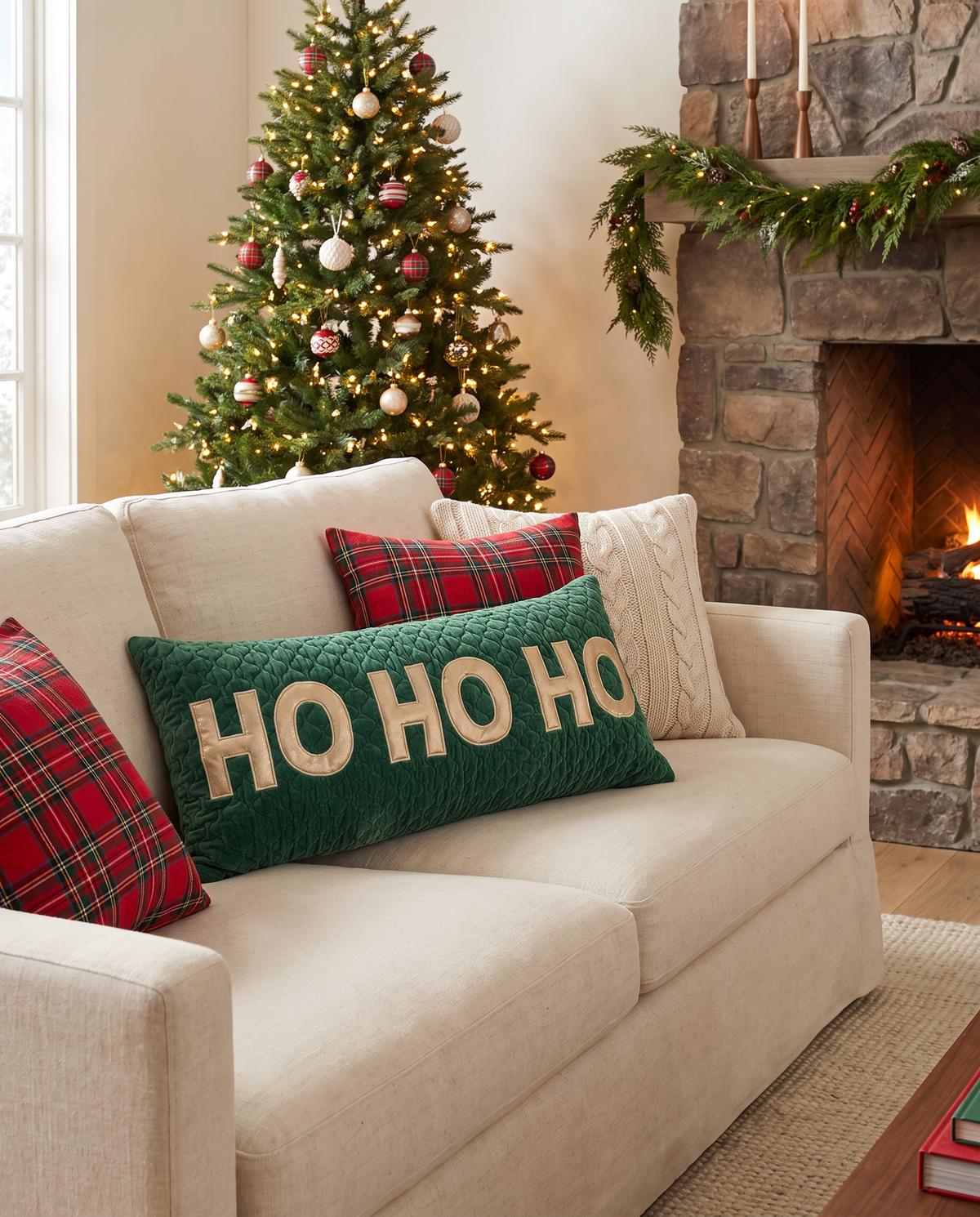 Ho Ho Ho Quilted Green Velvet Lumbar Pillow