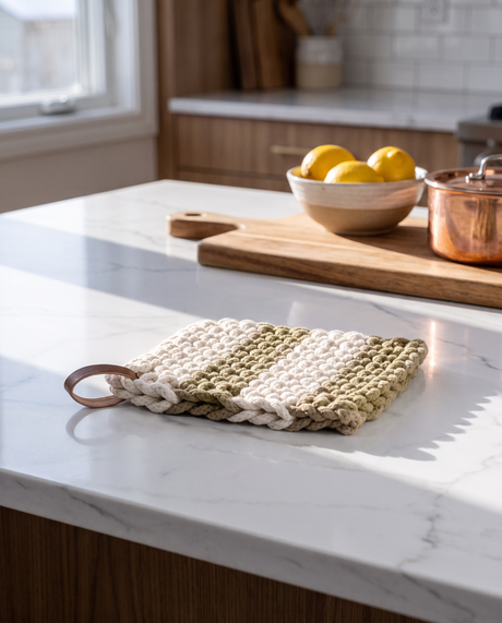 Ivory and Sage Stripe Chunky Knit Pot Holder