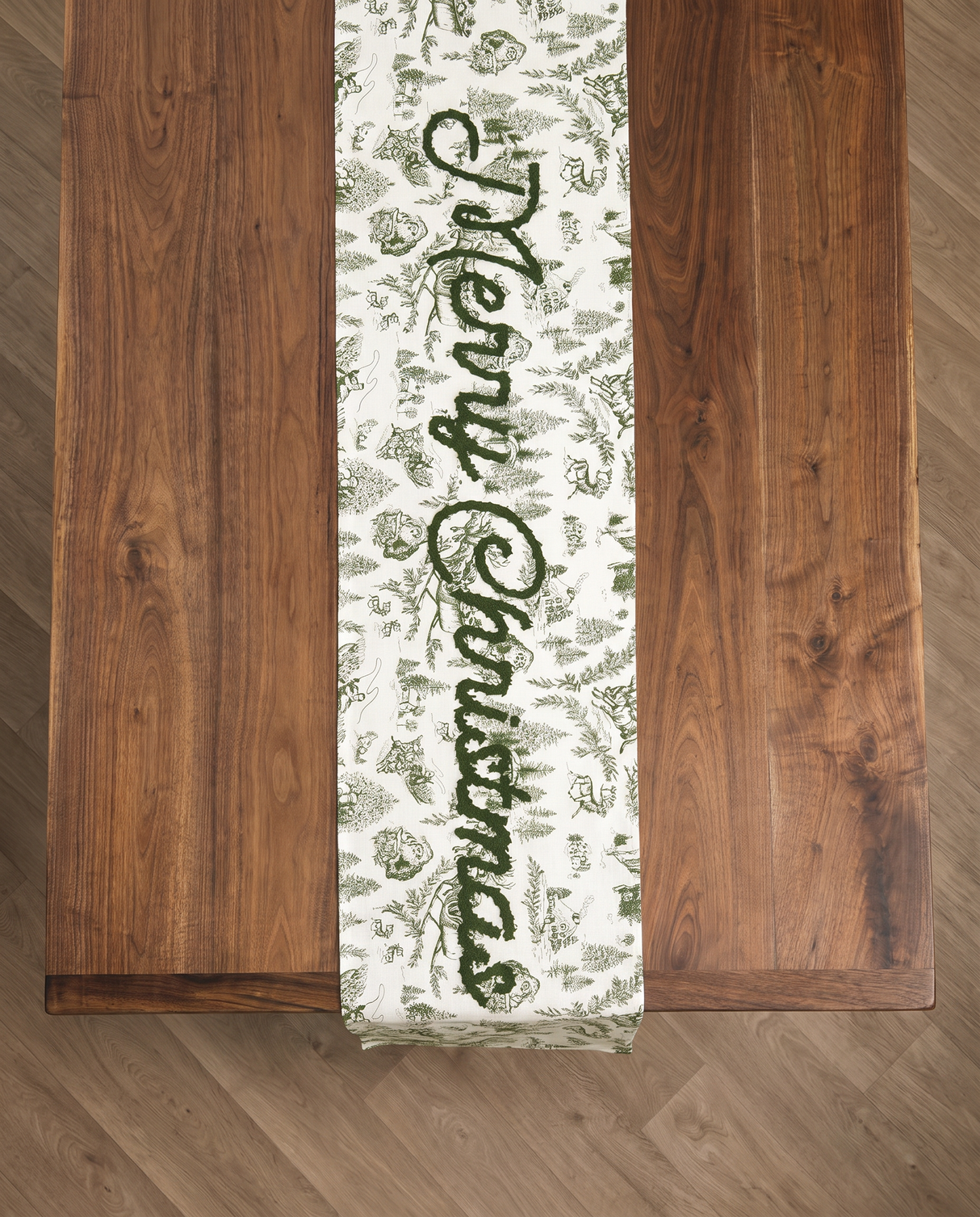 Green Toile Merry Christmas Table Runner
