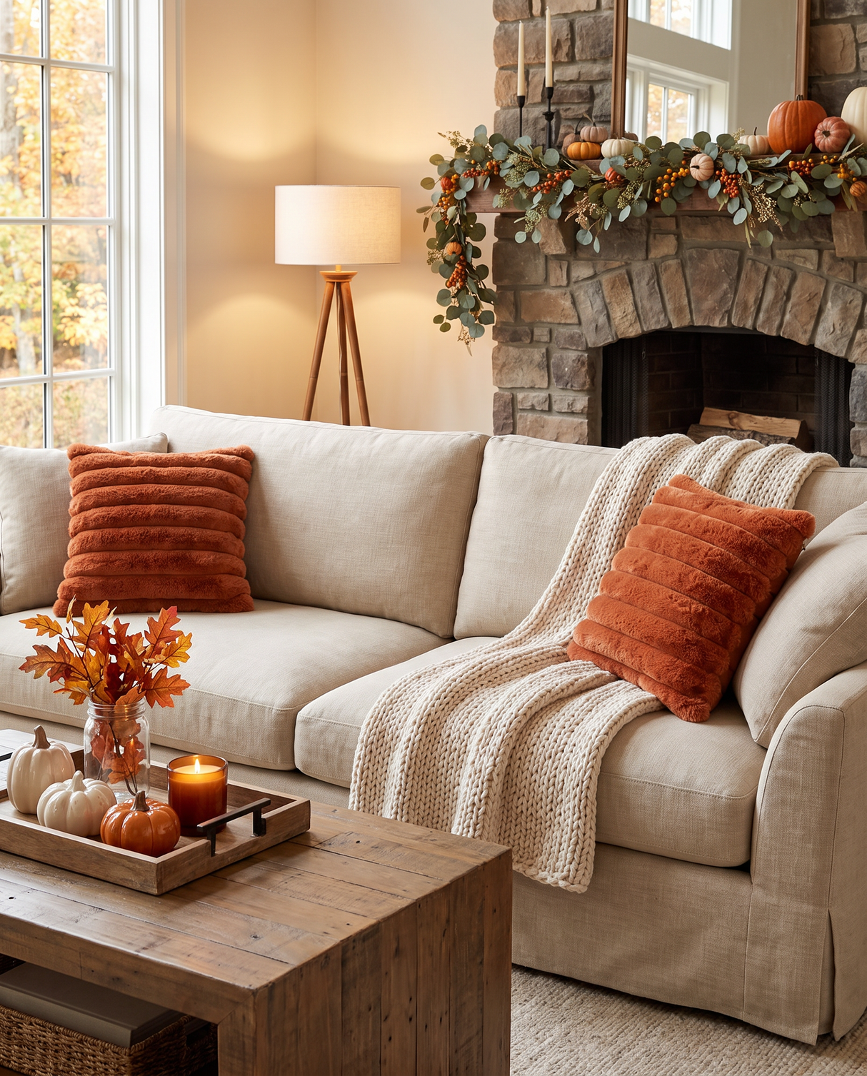 Rust Orange Ribbed Vegan Fur Throw Pillow