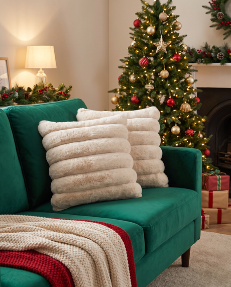 Cream Ribbed Faux Fur Pillow with Velvet Back