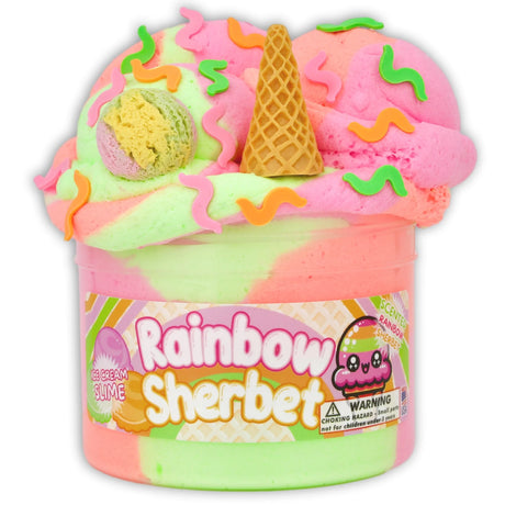 Rainbow Sherbet tri-colored ice cream slime with macaron charm, cone charm, and colorful fimo sprinkles