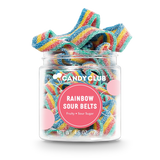 Jar of Rainbow Sour Belts candy with colorful sugar-coated sour belts in a clear container, vegan friendly and made in the USA