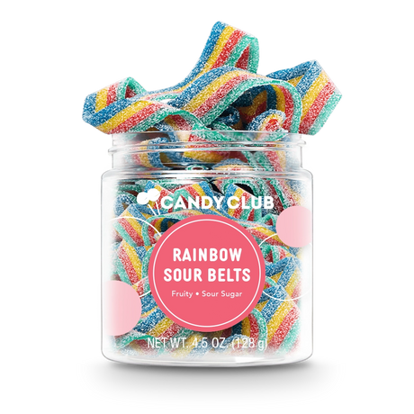 Jar of Rainbow Sour Belts candy with colorful sugar-coated sour belts in a clear container, vegan friendly and made in the USA