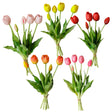 Artificial real feel tulip bouquet with five stems, 16 inches long, available in five colors.