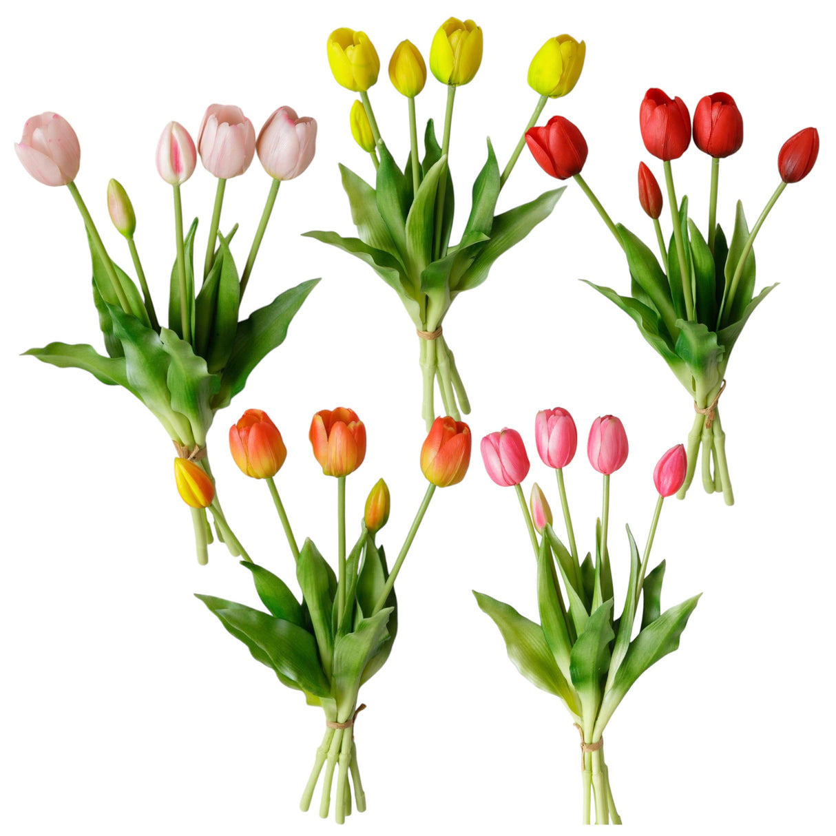 Artificial real feel tulip bouquet with five stems, 16 inches long, available in five colors.