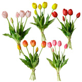 Artificial real feel tulip bouquet with five stems, 16 inches long, available in five colors.