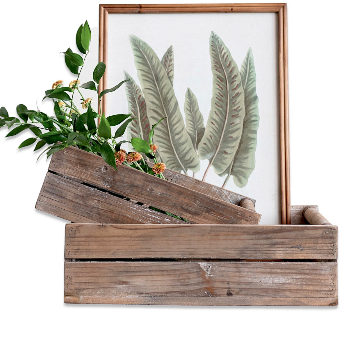 Reclaimed firwood crate with slatted sides and natural finish, available in two sizes
