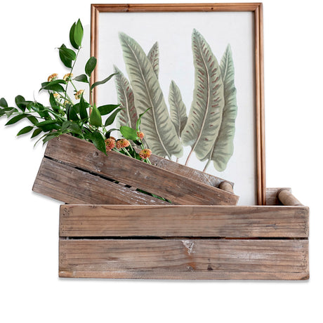 Reclaimed firwood crate with slatted sides and natural finish, available in two sizes