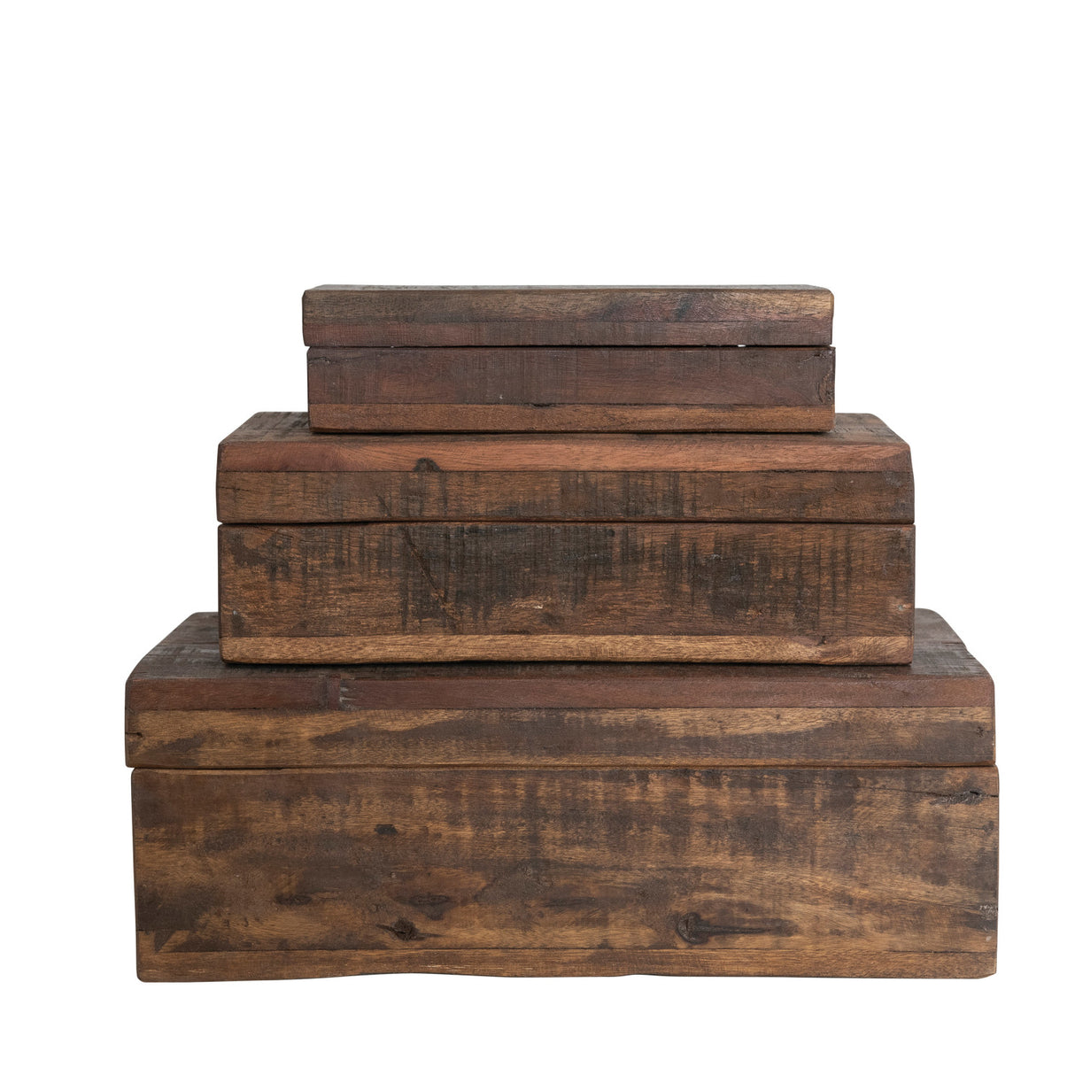 Stack of three reclaimed wood boxes with lids, natural finish