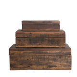 Stack of three reclaimed wood boxes with lids, natural finish