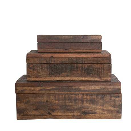 Stack of three reclaimed wood boxes with lids, natural finish