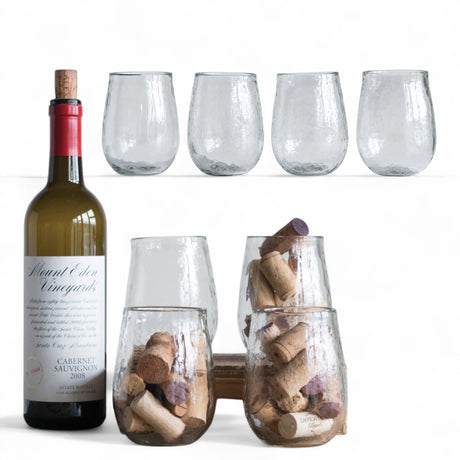 Clear recycled stemless wine glass with hammered texture, 14 oz