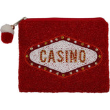 Red Casino Beaded Coin Pouch with Pom-Pom Zipper