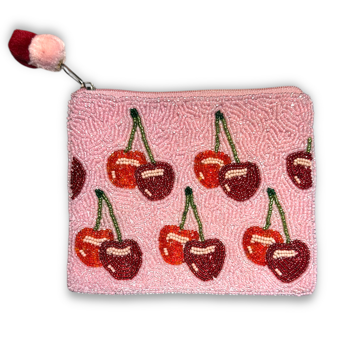 Red Cherries Pink Beaded Coin Pouch with Pom-Pom Zipper