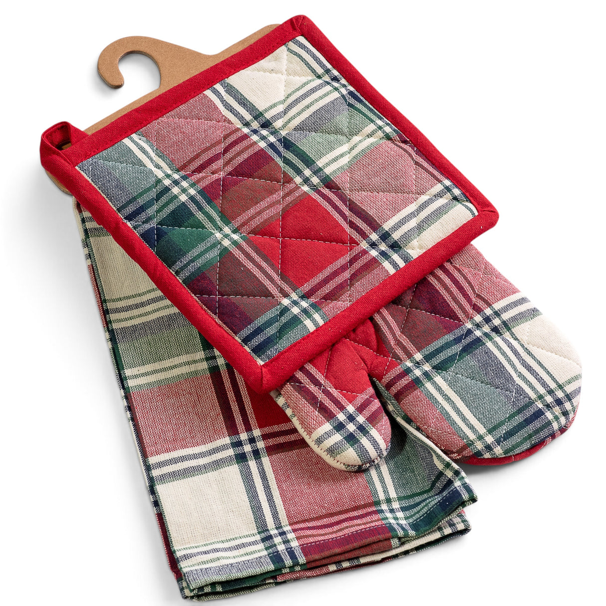 Red and green plaid oven mitt, kitchen towel, and potholder set
