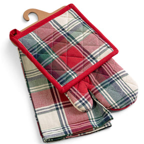 Red and green plaid oven mitt, kitchen towel, and potholder set