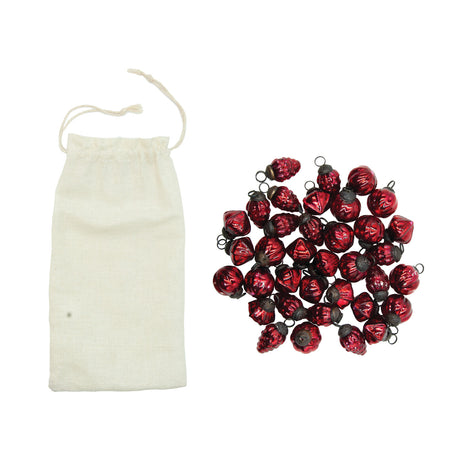 Set of 36 red embossed mercury glass ornaments in muslin bag