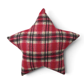  Five-point star-shaped flannel pillow in red plaid with cream and charcoal stripes.