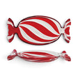 Top and side views of a candy-shaped glass dish with swirling red stripes, clear accents, and sculpted wrapper ends