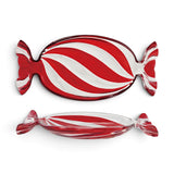 Top and side views of a candy-shaped glass dish with swirling red stripes, clear accents, and sculpted wrapper ends