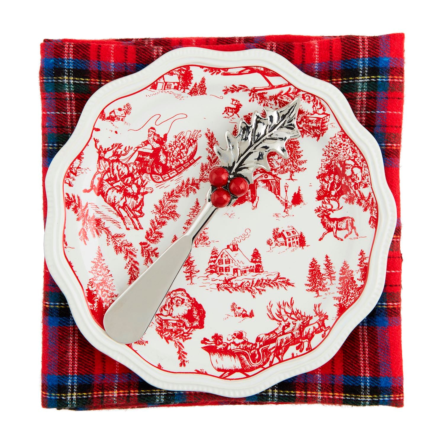 Good Tidings Red Toile Christmas Appetizer Set with Spreader and Tartan Hand Towel