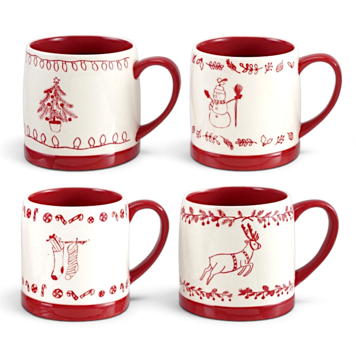 Four red and white ceramic Christmas mugs featuring a tree, snowman, stockings, and reindeer with matching red handles and interiors
