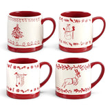 Four red and white ceramic Christmas mugs featuring a tree, snowman, stockings, and reindeer with matching red handles and interiors