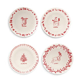  Four white ceramic plates with red stockings, snowman, Christmas tree, and reindeer illustrations, matching words, and festive patterned borders